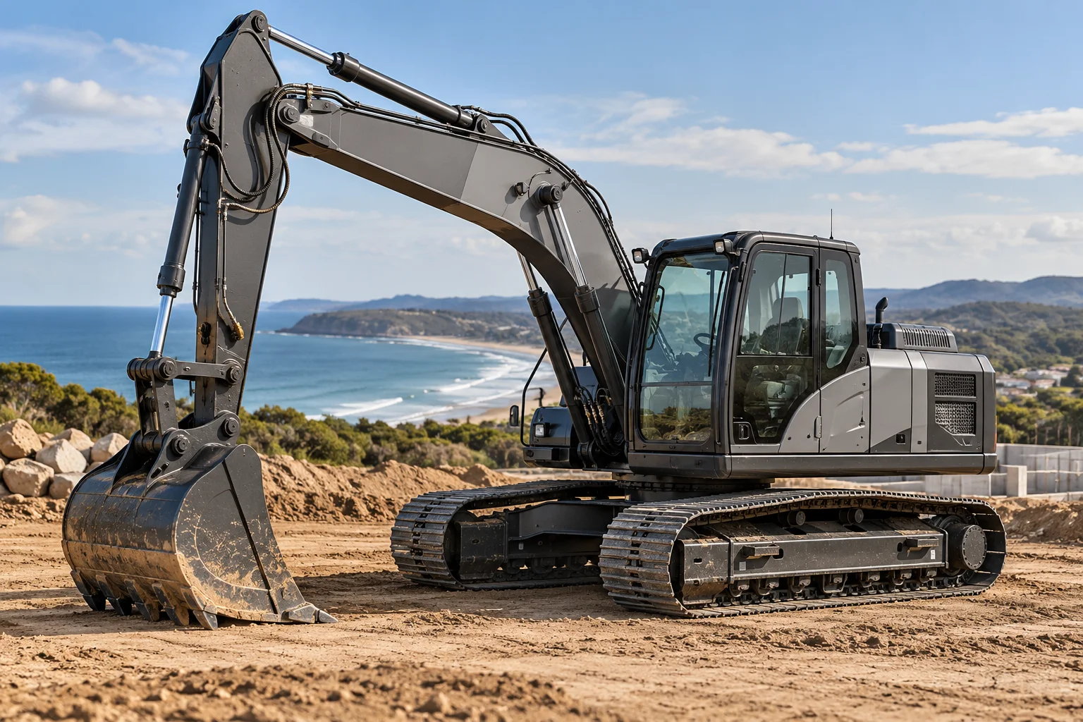 Illustrative construction excavator with a glazed operator cabin