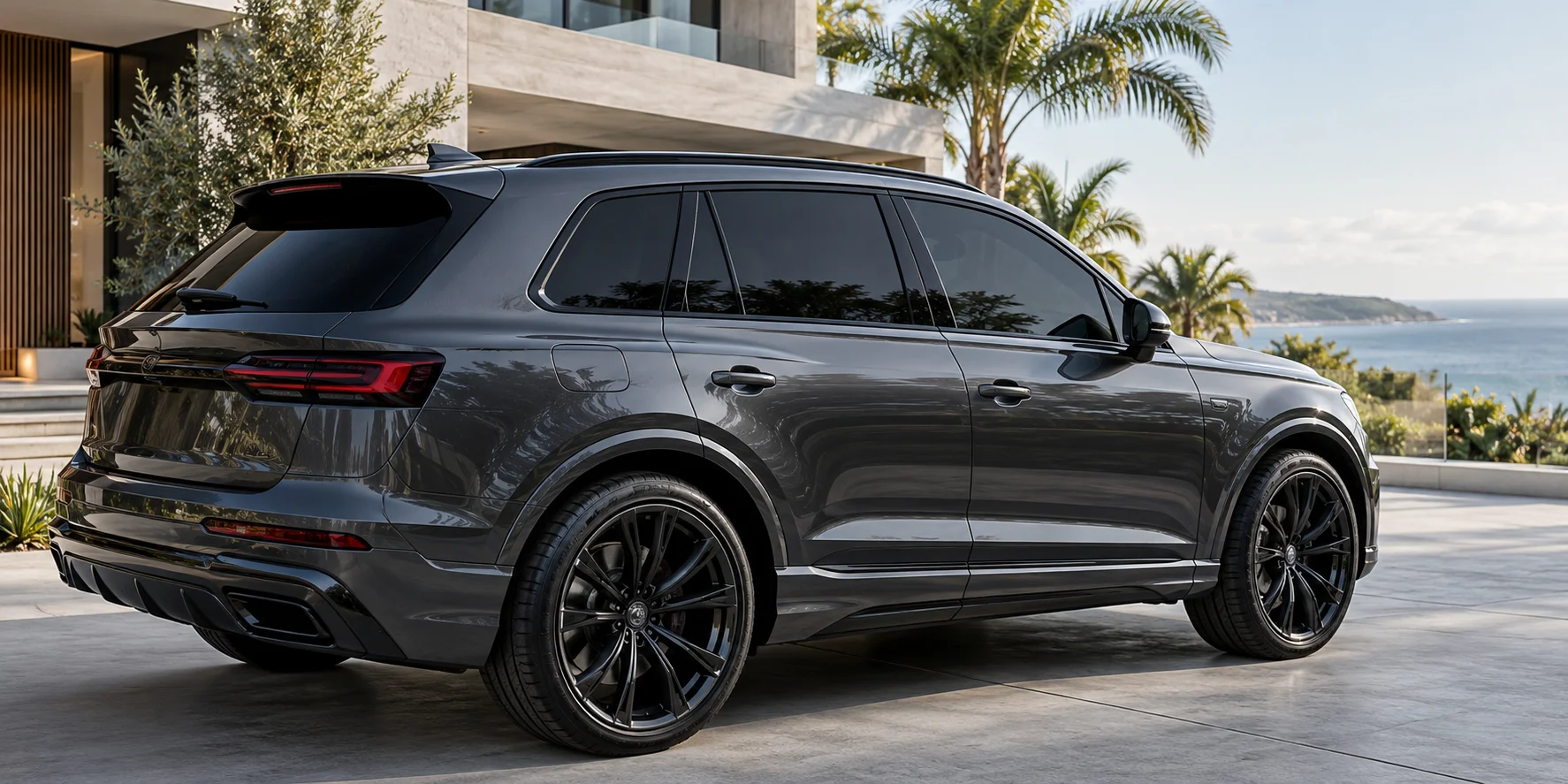 Illustrative graphite SUV with tinted windows in a coastal driveway