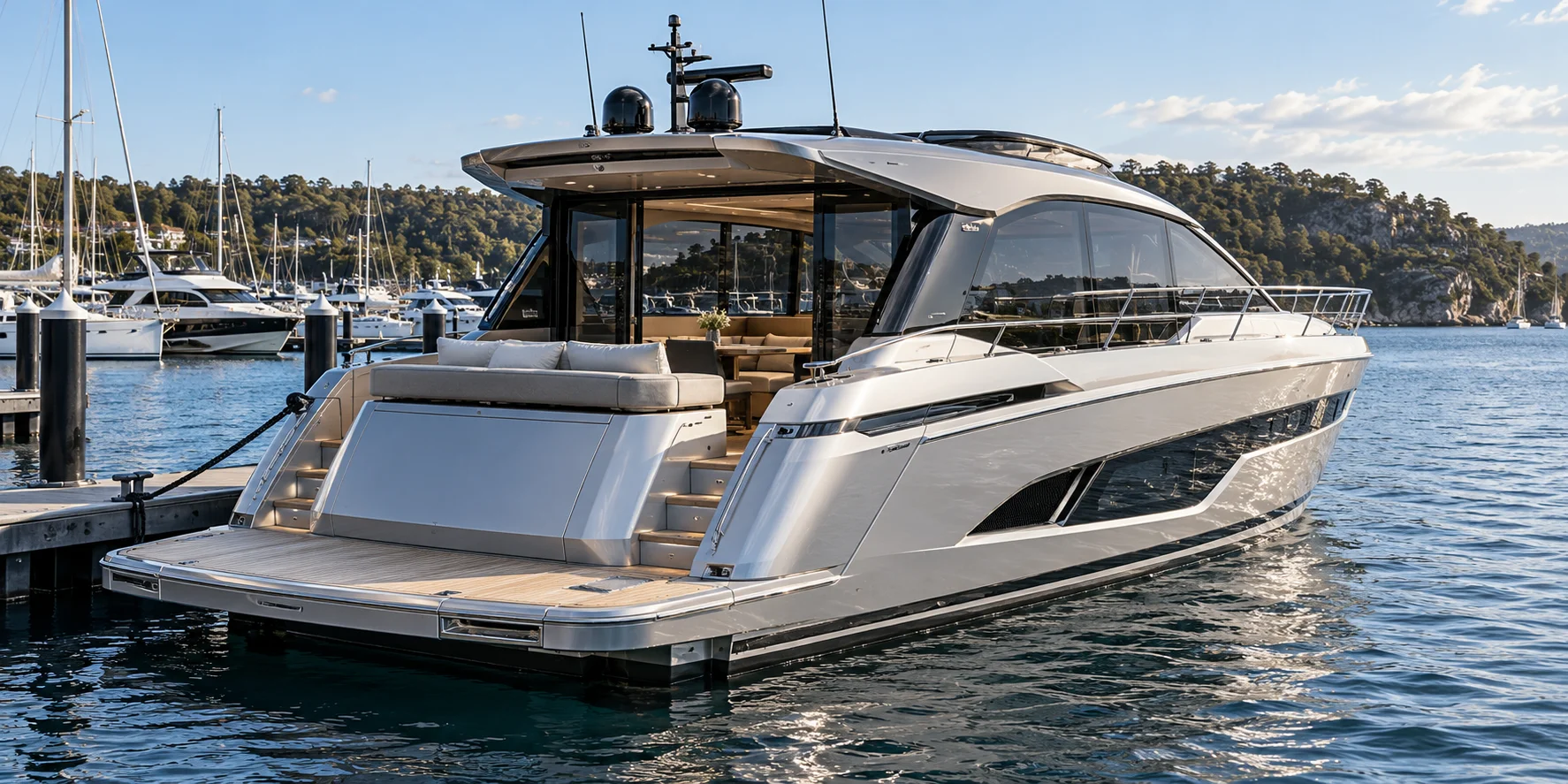 Illustrative motor yacht with cabin windows in a marina